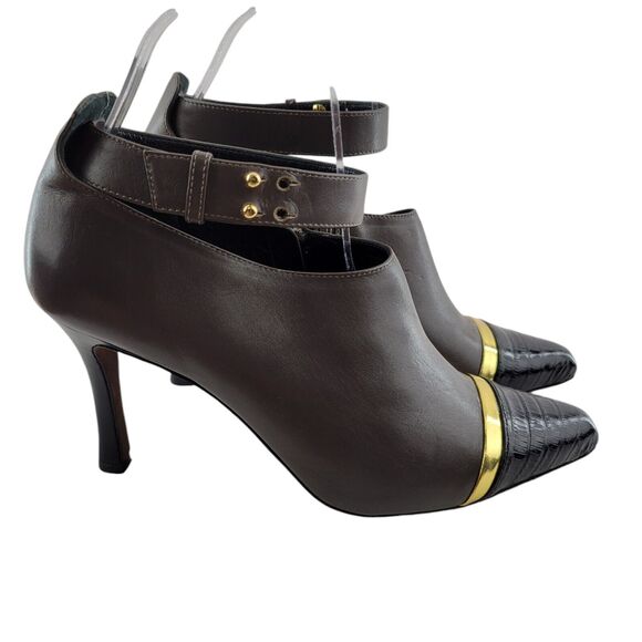 Derek Lam Devon Booties Heels Size 37 7 Ankle Strap Corpcore Gray Gold Black - Picture 1 of 10